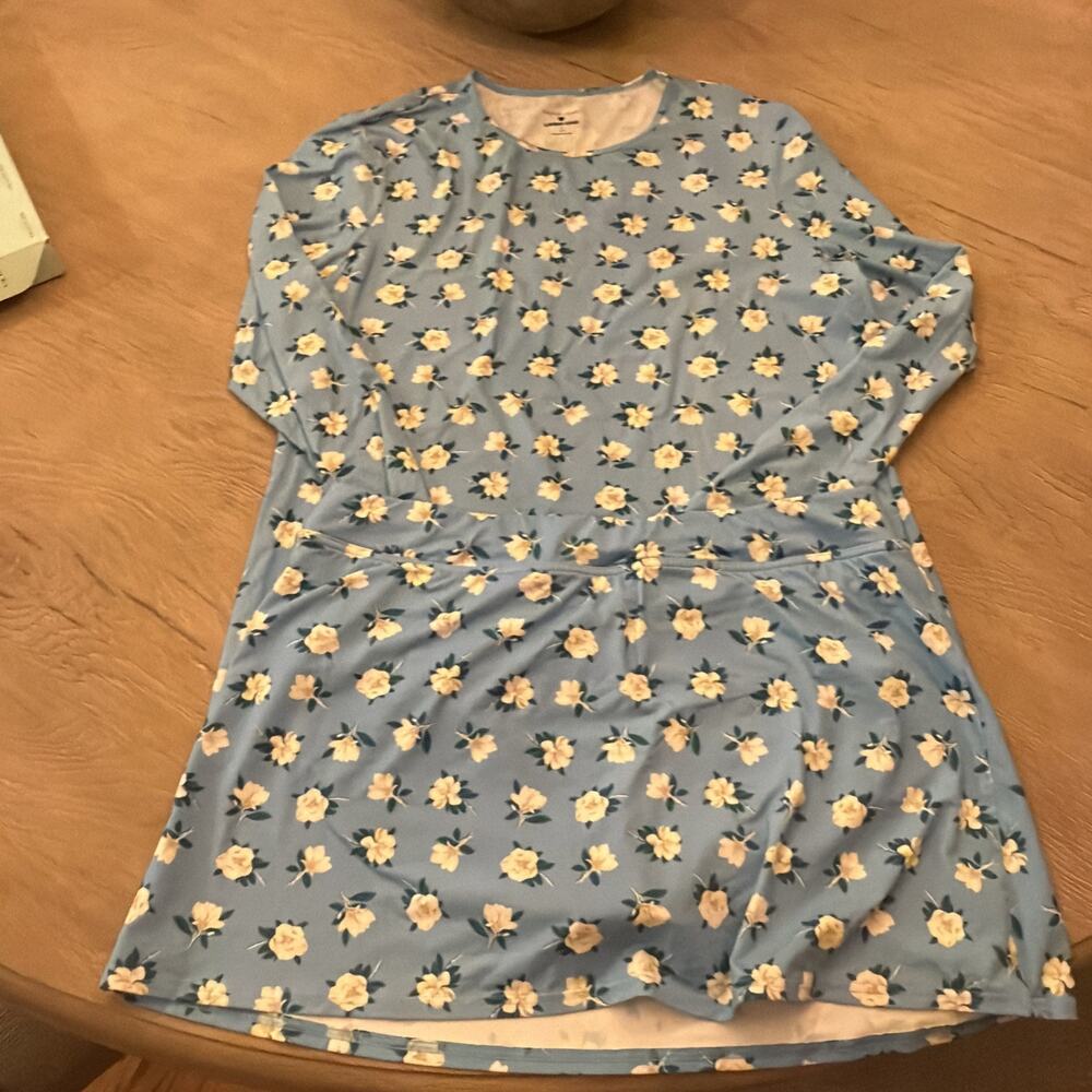 Draper James Lands End Blue Magnolia Floral Long Sleeve Bathing Suit L 14-16